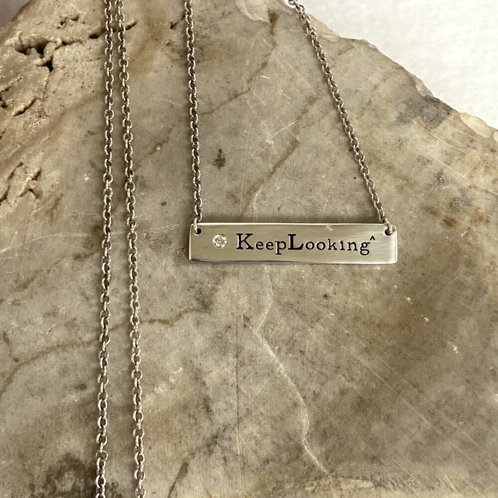 Sterling Silver 925 Dainty Engraved “Keep Looking^” Diamond Bar Necklace 17"-19"